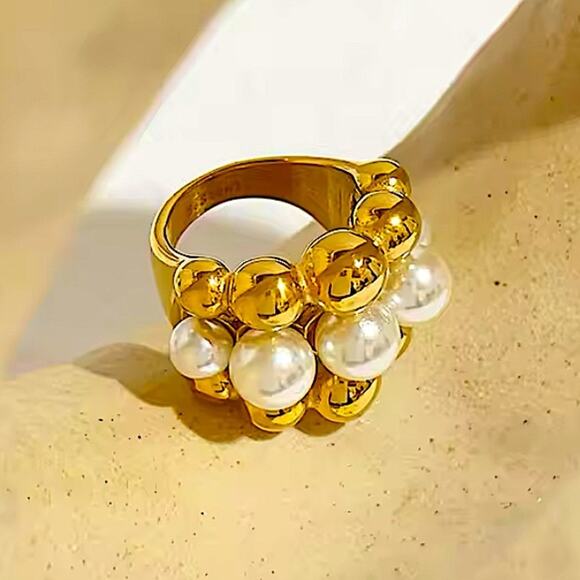 Gold Pearl Large Ball Statement Ring Chunky Exaggerated Cocktail Ring - Picture 4 of 7